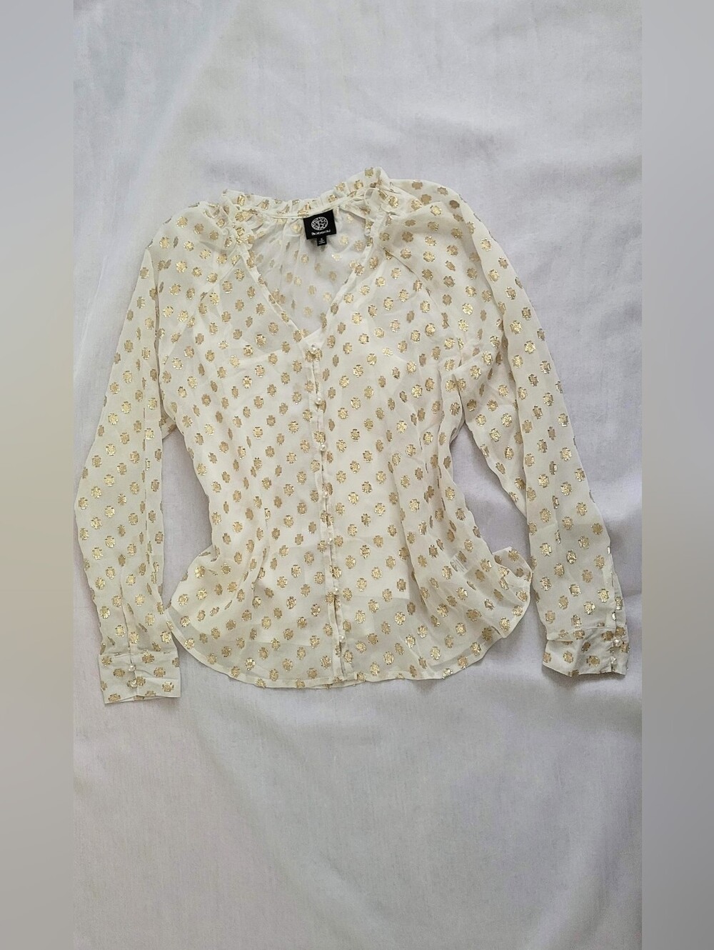 NWOT! Polka Dot Fall Top Gold Foil Pearl Embellished Women's Sheer Blouse Small - Picture 12 of 17